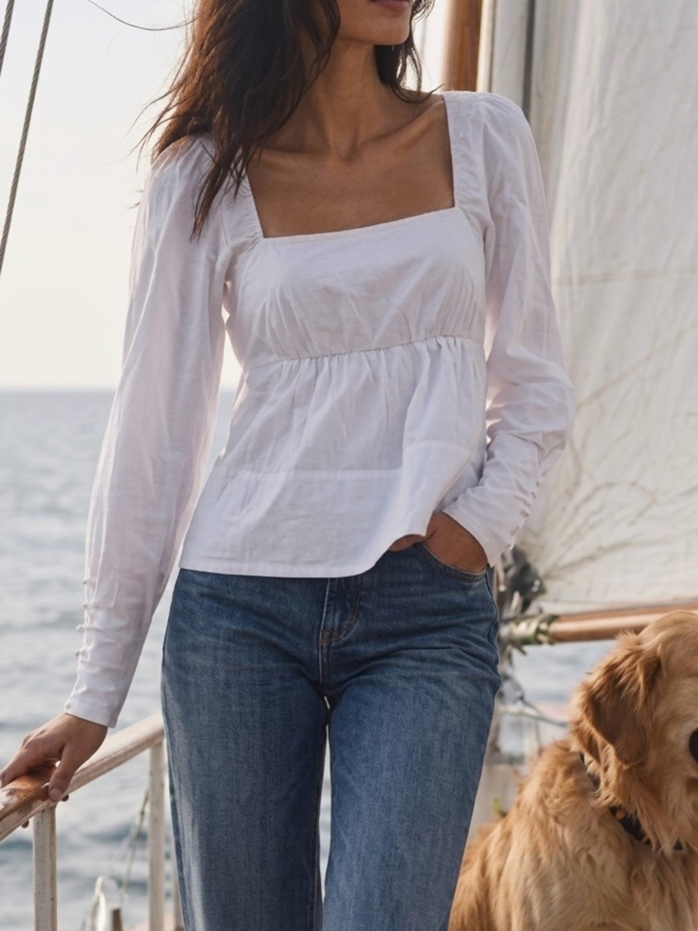 NWT Staud Peggy Top White Long Sleeve Square Neck Babydoll Peplum Cotton XS